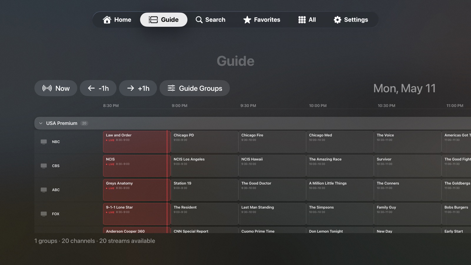 ClawTV program guide on Apple TV, showing channels in rows against a timeline